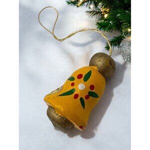 Vintage Wooden Christmas Bell Shaped Ornament Mini Yellow With Floral Design